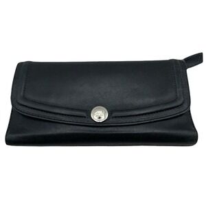 Coach Black Leather Continental Wallet Classic Long Flap Zip Coin ID Holder